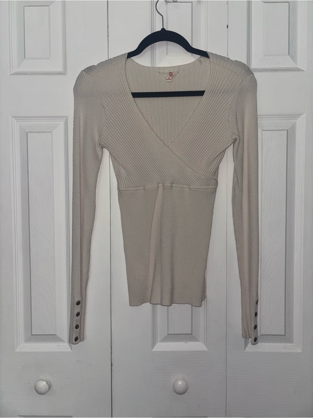 G by Guess Cream Ribbed Wrap-Style Long Sleeve Top